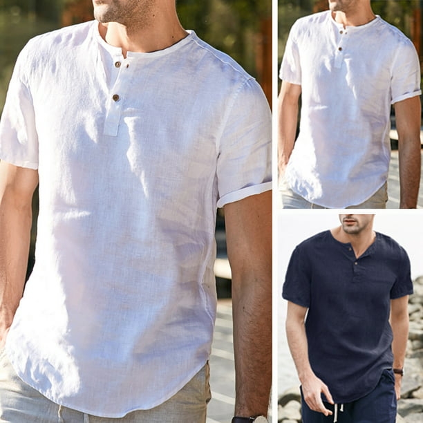 Men's Linen Short Sleeve Summer Solid Shirts Beach Casual Cool Tops Tee Holiday